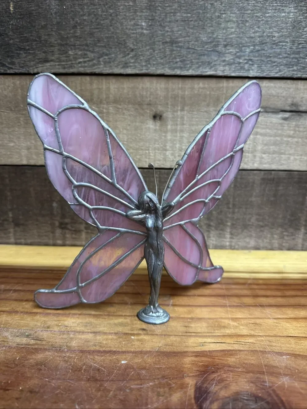 Flaw-Vintage Lead Pewter Fairy with Pink Stained Glass Wings -read